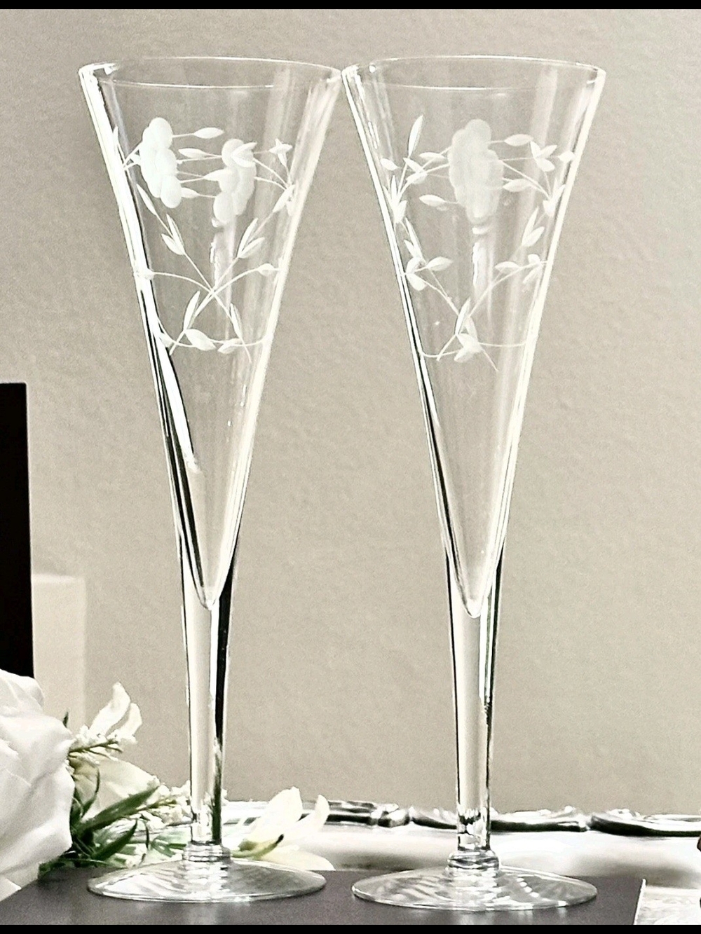 Vintage Etched Clear Glass Champagne Flutes Set of 2 Princess House Heritage